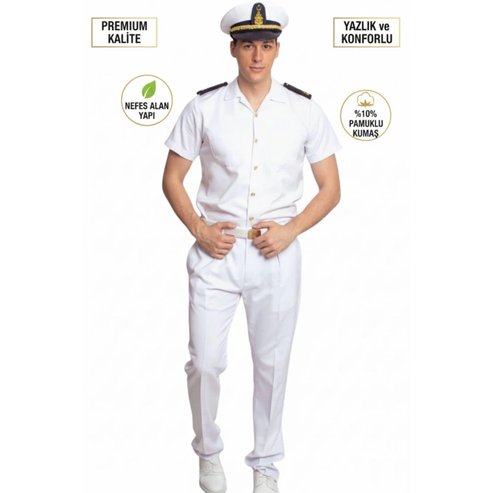 deniz kuvvetleri deniz lisesi ve fakultesi beyaz renkli kisa kollu gomlek yazlik kaliteli pamuklu kumas kaptan pantolon takim mesdres harici sapka kemer ayakkabi