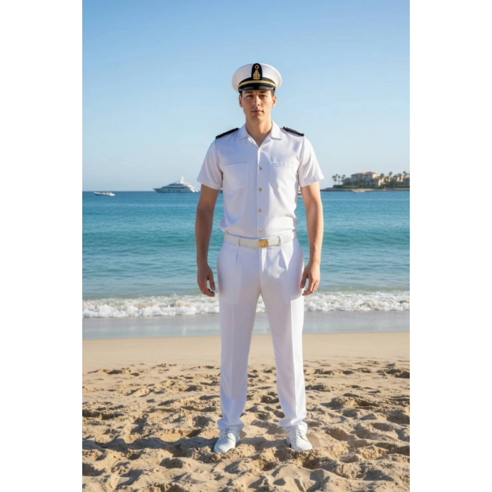 deniz kuvvetleri deniz lisesi ve fakultesi beyaz renkli kisa kollu gomlek yazlik kaliteli pamuklu kumas kaptan pantolon takim mesdres harici sapka kemer ayakkabi