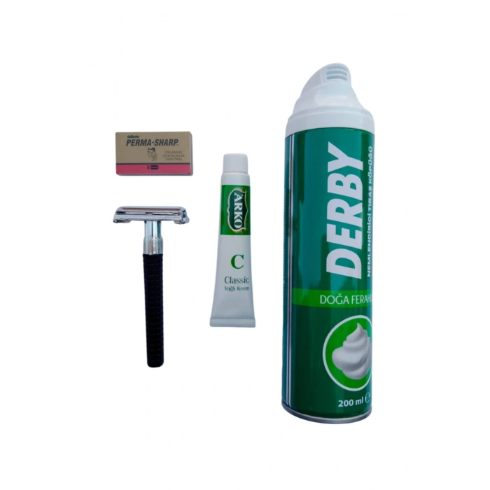 Derby Tras Kopugu Orak Plastik Sapli tras makinasi Perma Sharp Yaprak Jilet Arko Nem Klasik cilt besleyici Yagli Krem 20 cc Tras Seti