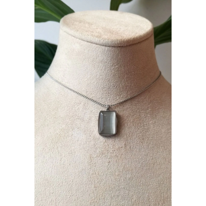 dikdortgen tasarim ince silver zincirli gumus renkli safir tasli kaliteli paslanmaz celik kolye stainless stell