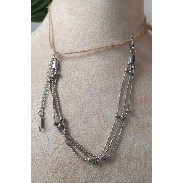 dorika tasarimli ince silver uc bagli gumus renkli paslanmaz celik bileklik halhal