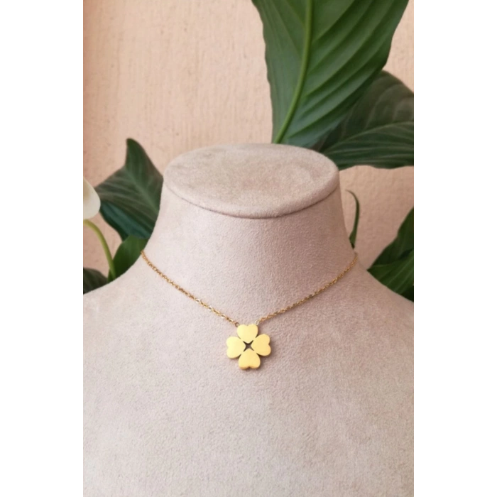 dort yaprakli yonca tasarim ince gold zincirli altin renkli zirkon tasli kaliteli paslanmaz celik kolye stainless stell