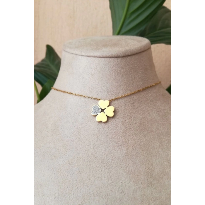 dort yaprakli yonca tasarim ince gold zincirli altin renkli zirkon tasli kaliteli paslanmaz celik kolye stainless stell