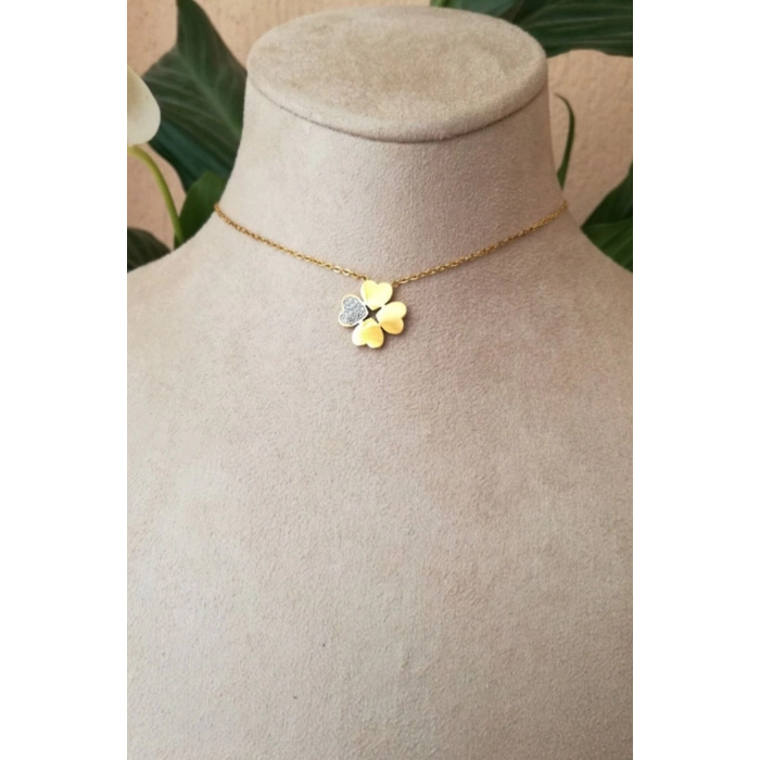 dort yaprakli yonca tasarim ince gold zincirli altin renkli zirkon tasli kaliteli paslanmaz celik kolye stainless stell