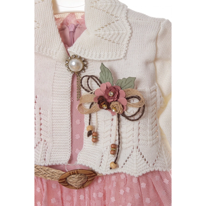 elegan pembe renkli bolerolu tullu astarli pamuklu kaliteli uzun kollu kiz cocuk elbise