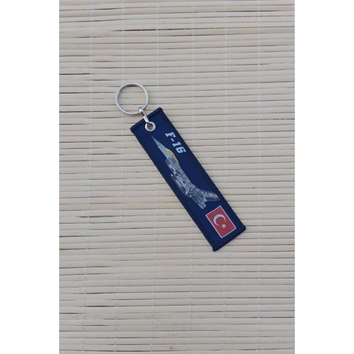 F-16 Turk Hava Kuvvetleri yazili Lacivert beyaz nakis islemeli bez anahtarlik