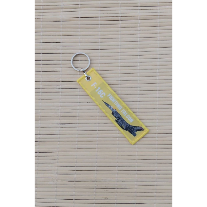 F-16C Fighting Falcon Yazili Sari Beyaz Nakis islemeli Bez Anahtarlik