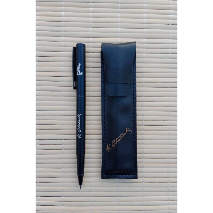 Gazi Mustafa Kemal Ataturk imzali siyah renkli Lazer Baskili kapakli metal govdeli mavi roller uclu tukenmez kalem