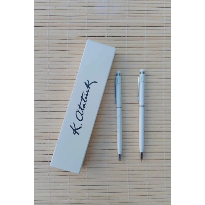 Gazi Mustafa Kemal imzali beyaz renkli Lazer Baskili metal govde Touchpen tukenmez kalem