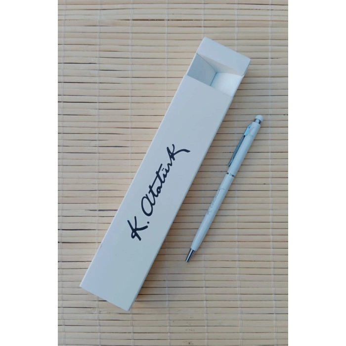 Gazi Mustafa Kemal imzali beyaz renkli Lazer Baskili metal govde Touchpen tukenmez kalem