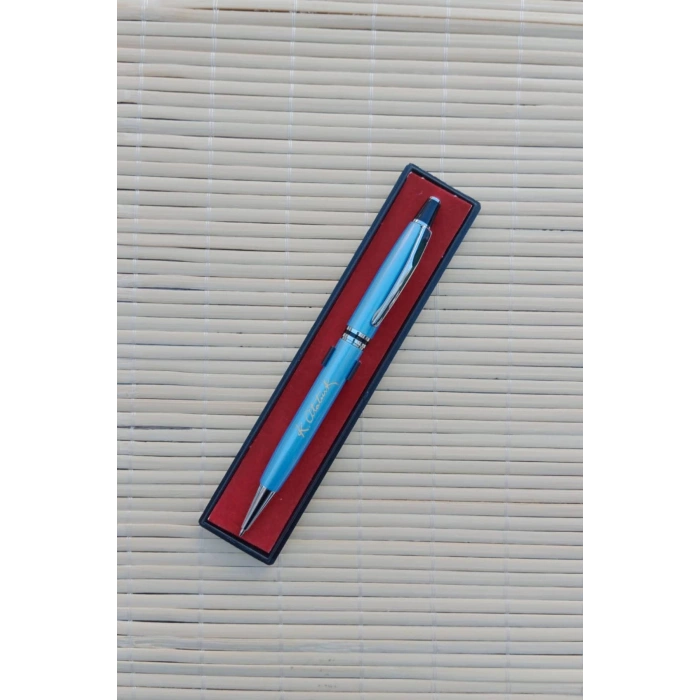 Gazi Mustafa Kemal imzali mavi renkli Lazer Baskili kapakli plastik govdeli mavi roller uclu tukenmez kalem