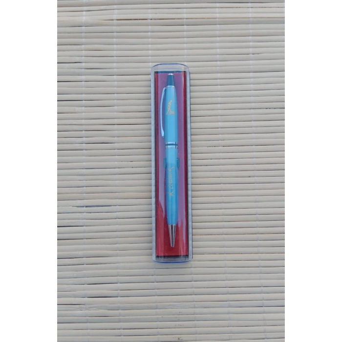 Gazi Mustafa Kemal imzali mavi renkli Lazer Baskili kapakli plastik govdeli mavi roller uclu tukenmez kalem