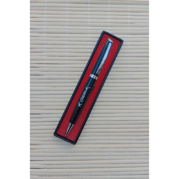 Gazi Mustafa Kemal imzali siyah renkli Lazer Baskili kapakli plastik govdeli mavi roller uclu tukenmez kalem