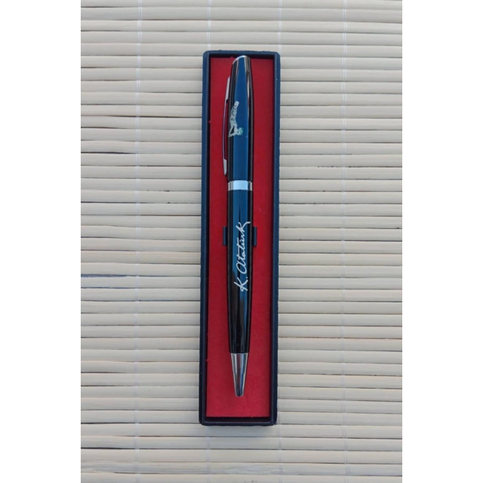 Gazi Mustafa Kemal imzali siyah renkli Lazer Baskili kapakli plastik govdeli mavi roller uclu tukenmez kalem