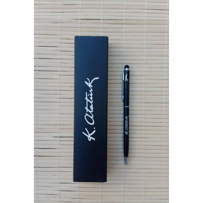 Gazi Mustafa Kemal imzali siyah renkli Lazer Baskili metal govde Touchpen tukenmez kalem