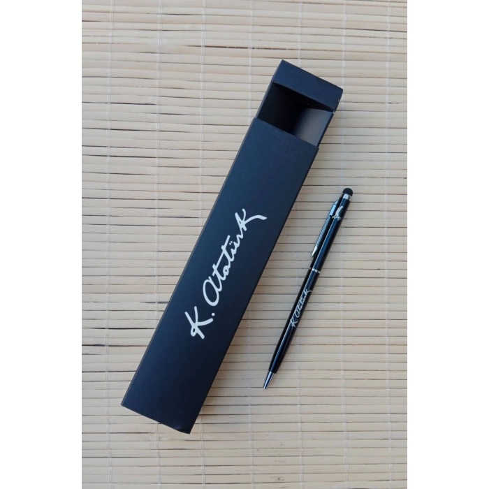 Gazi Mustafa Kemal imzali siyah renkli Lazer Baskili metal govde Touchpen tukenmez kalem