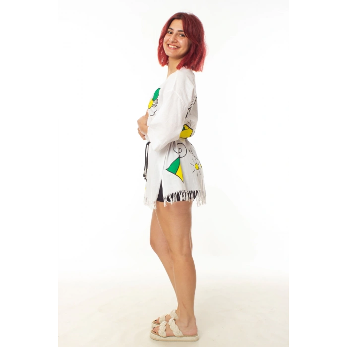 geleneksel tahta baski keten dokuma beyaz renk popart desenli uzun kollu kimono plaj elbisesi gomlek