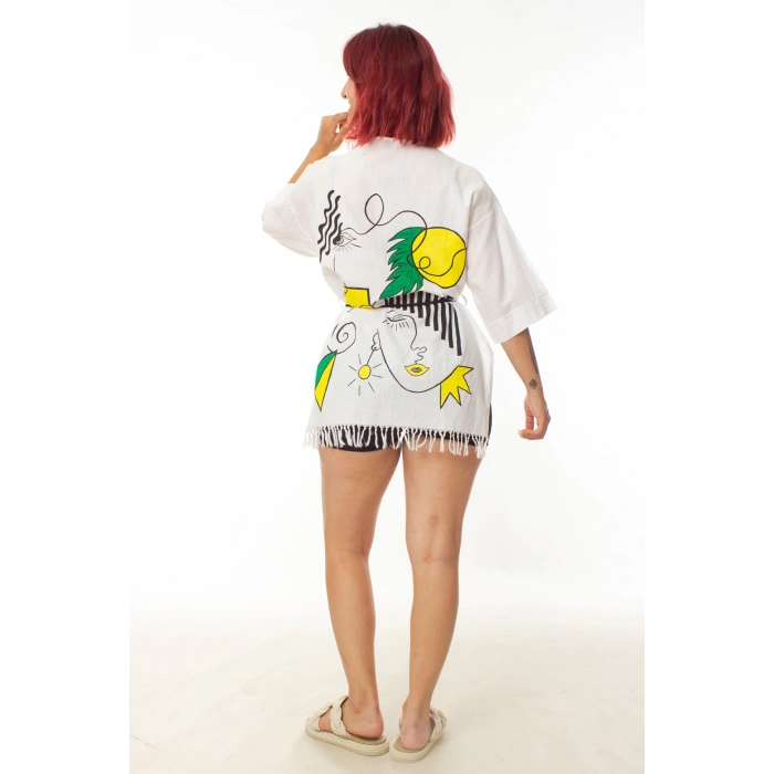 geleneksel tahta baski keten dokuma beyaz renk popart desenli uzun kollu kimono plaj elbisesi gomlek