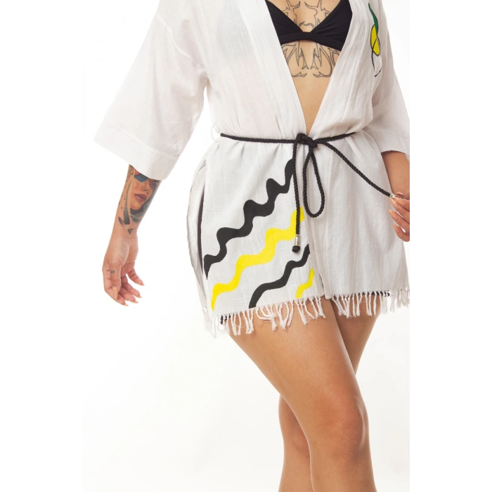 geleneksel tahta baski keten dokuma beyaz renk popart desenli uzun kollu kimono plaj elbisesi gomlek