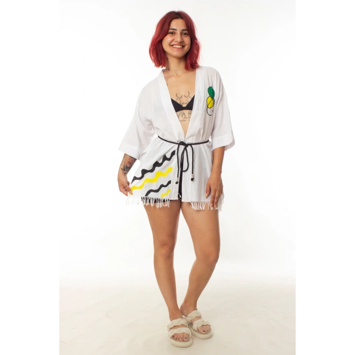 geleneksel tahta baski keten dokuma beyaz renk popart desenli uzun kollu kimono plaj elbisesi gomlek