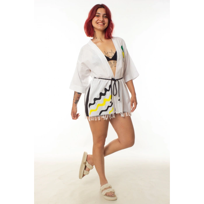 geleneksel tahta baski keten dokuma beyaz renk popart desenli uzun kollu kimono plaj elbisesi gomlek