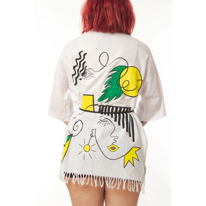 geleneksel tahta baski keten dokuma beyaz renk popart desenli uzun kollu kimono plaj elbisesi gomlek