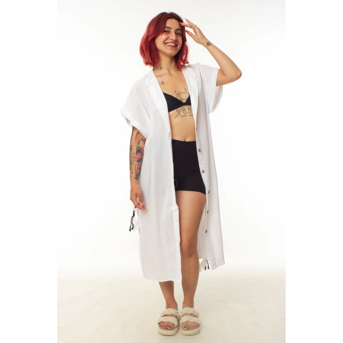 geleneksel tahta baski keten dokuma beyaz renk tribal desenli kisa kollu plaj elbisesi gomlek