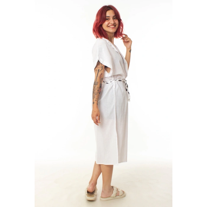 geleneksel tahta baski keten dokuma beyaz renk tribal desenli kisa kollu plaj elbisesi gomlek