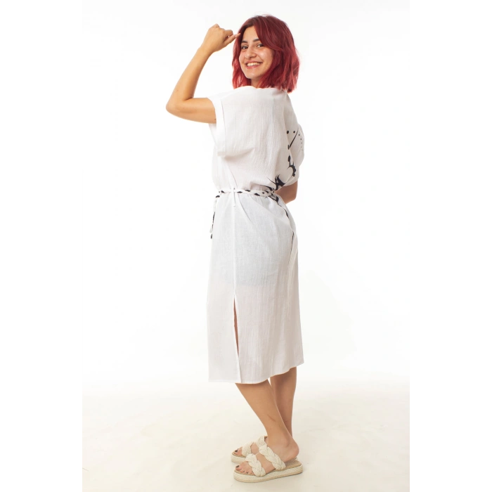 geleneksel tahta baski keten dokuma beyaz renk tribal desenli kisa kollu plaj elbisesi gomlek