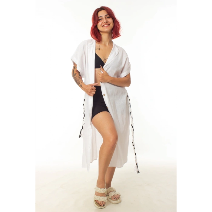 geleneksel tahta baski keten dokuma beyaz renk tribal desenli kisa kollu plaj elbisesi gomlek