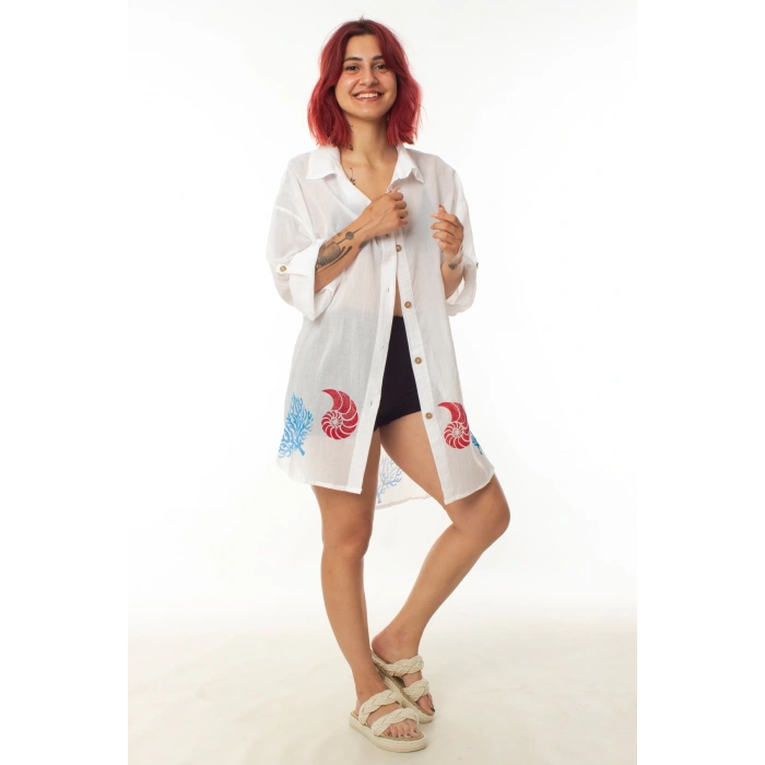 geleneksel tahta baski keten dokuma beyaz renk yunus balik desenli uzun kollu plaj elbisesi gomlek
