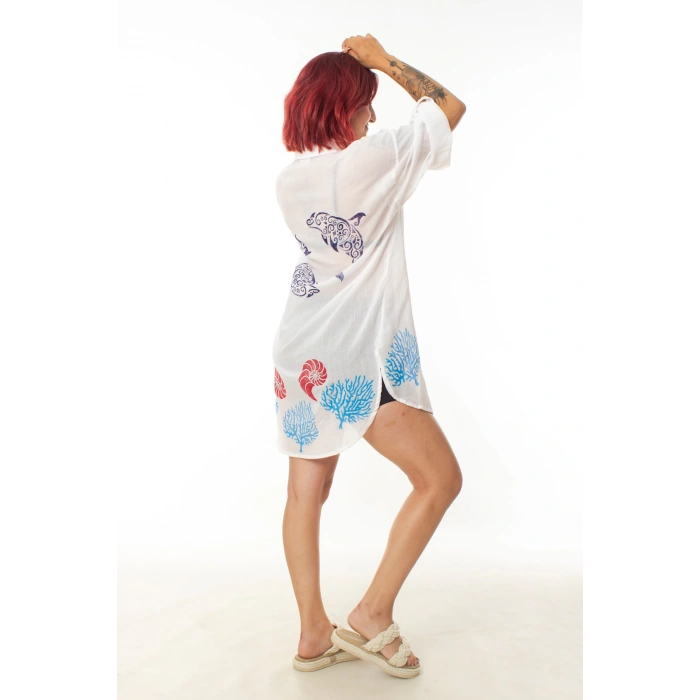 geleneksel tahta baski keten dokuma beyaz renk yunus balik desenli uzun kollu plaj elbisesi gomlek