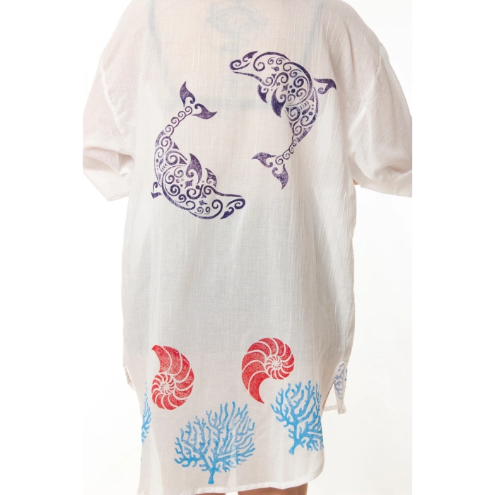 geleneksel tahta baski keten dokuma beyaz renk yunus balik desenli uzun kollu plaj elbisesi gomlek