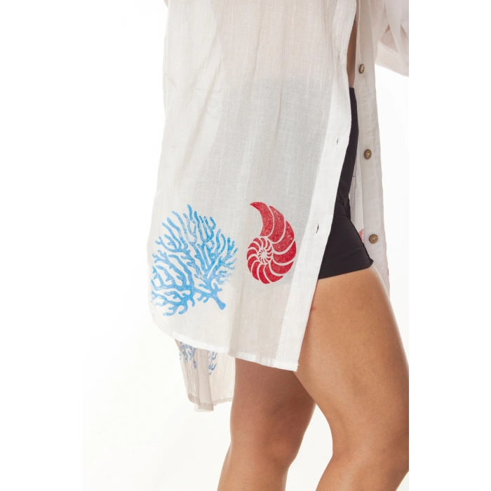 geleneksel tahta baski keten dokuma beyaz renk yunus balik desenli uzun kollu plaj elbisesi gomlek