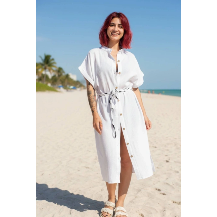 geleneksel tahta baski keten dokuma beyaz renkli imza desenli baskili kisa kollu plaj elbisesi gomlek