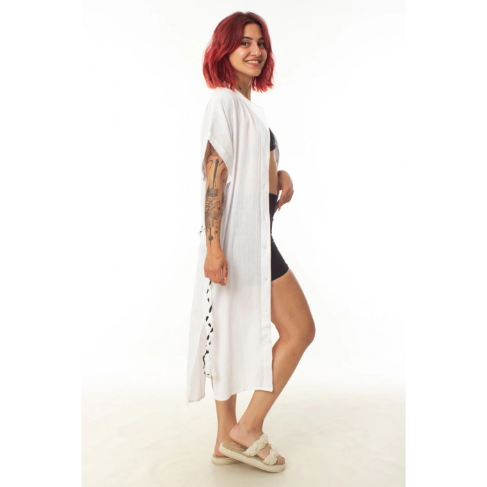 geleneksel tahta baski keten dokuma beyaz renkli imza desenli baskili kisa kollu plaj elbisesi gomlek