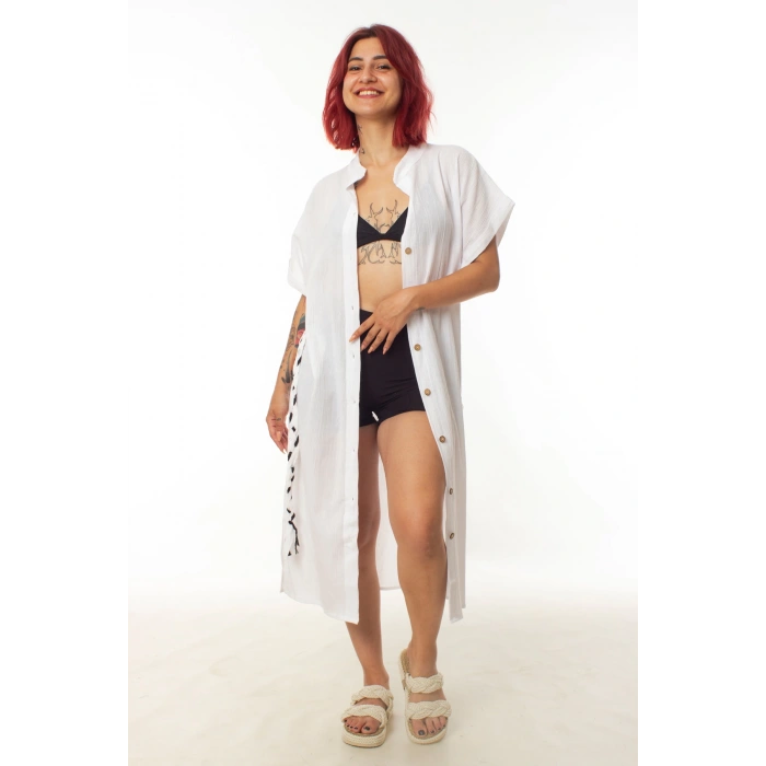 geleneksel tahta baski keten dokuma beyaz renkli imza desenli baskili kisa kollu plaj elbisesi gomlek