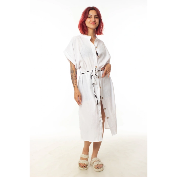 geleneksel tahta baski keten dokuma beyaz renkli imza desenli baskili kisa kollu plaj elbisesi gomlek