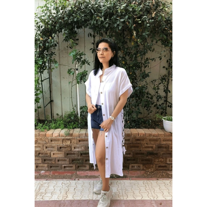 geleneksel tahta baski keten dokuma beyaz renkli pusula desenli baskili kisa kollu plaj elbisesi gomlek