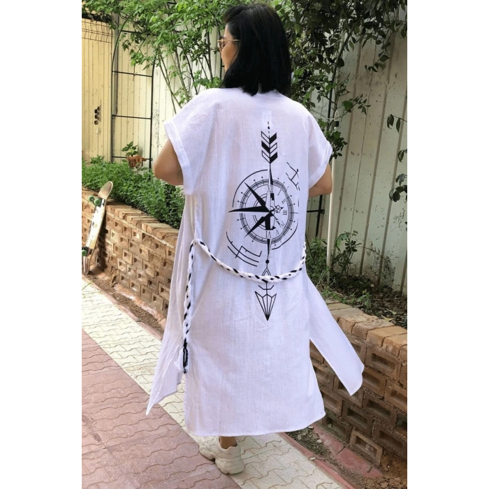 geleneksel tahta baski keten dokuma beyaz renkli pusula desenli baskili kisa kollu plaj elbisesi gomlek