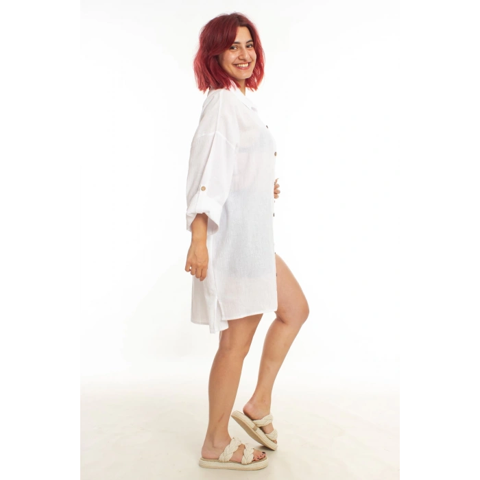 geleneksel tahta baski keten dokuma beyaz renkli tuy desenli baski uzun kollu plaj elbisesi gomlek