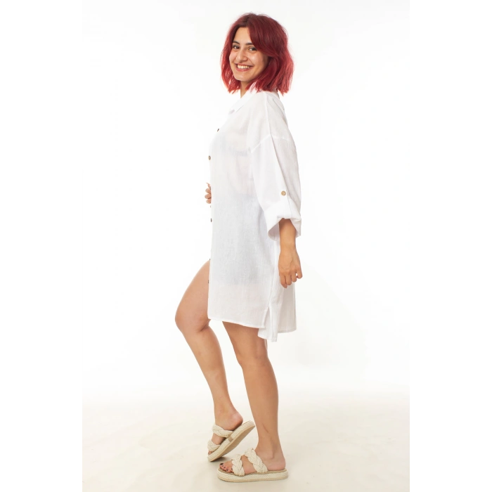 geleneksel tahta baski keten dokuma beyaz renkli tuy desenli baski uzun kollu plaj elbisesi gomlek