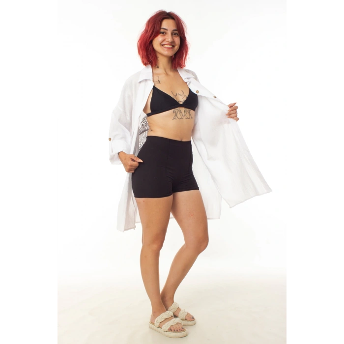 geleneksel tahta baski keten dokuma beyaz renkli tuy desenli baski uzun kollu plaj elbisesi gomlek