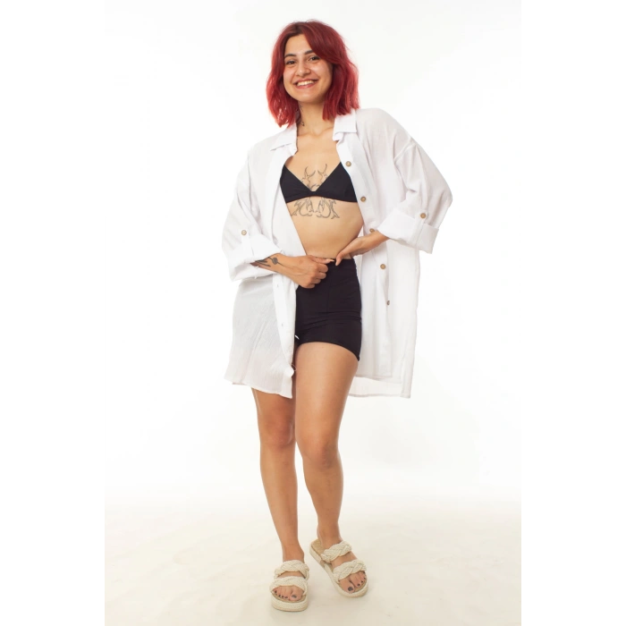 geleneksel tahta baski keten dokuma beyaz renkli tuy desenli baski uzun kollu plaj elbisesi gomlek