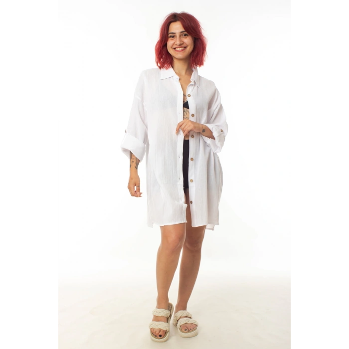 geleneksel tahta baski keten dokuma beyaz renkli tuy desenli baski uzun kollu plaj elbisesi gomlek