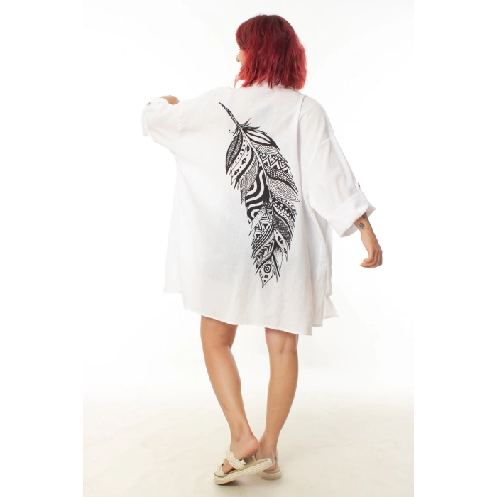 geleneksel tahta baski keten dokuma beyaz renkli tuy desenli baski uzun kollu plaj elbisesi gomlek