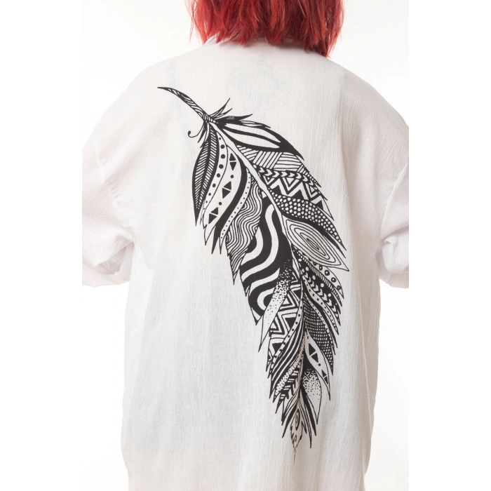 geleneksel tahta baski keten dokuma beyaz renkli tuy desenli baski uzun kollu plaj elbisesi gomlek