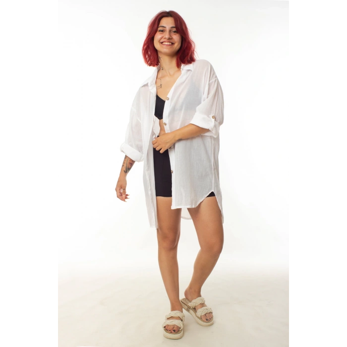 geleneksel tahta baski keten dokuma beyaz renkli yasam cicegi baski uzun kollu plaj elbisesi gomlek