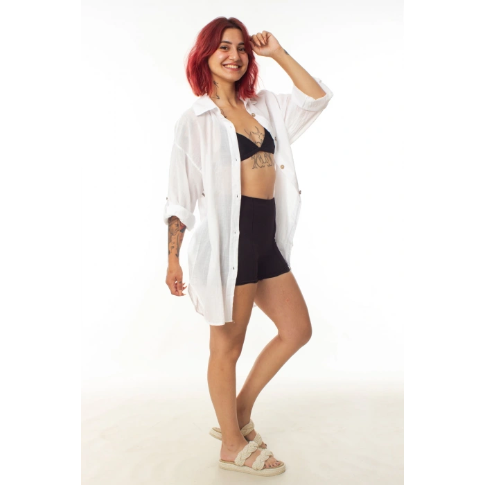 geleneksel tahta baski keten dokuma beyaz renkli yasam cicegi baski uzun kollu plaj elbisesi gomlek