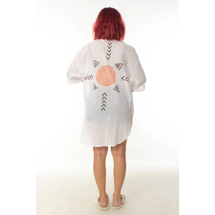 geleneksel tahta baski keten dokuma beyaz renkli yasam cicegi baski uzun kollu plaj elbisesi gomlek